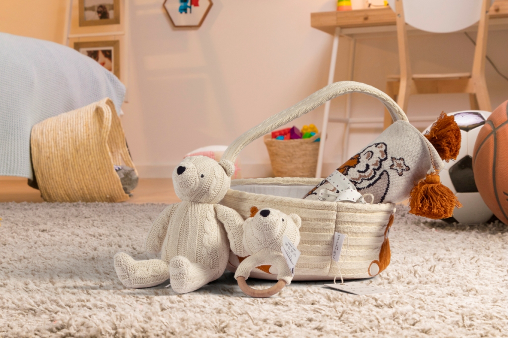 Knitted Teddy Bear Basket Gift Set Organic Cotton Plush Toys for new born baby Kids Baby Girls Boys