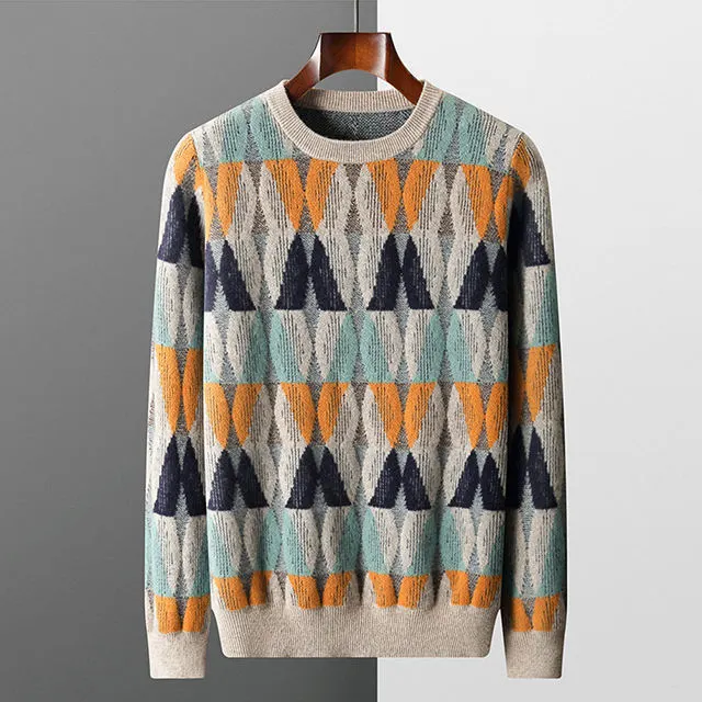 Wool Sweaters Ribbed Knit Top Casual WoolJacquard Knitted Sweater for Men Long Sleeve Wool Pullover