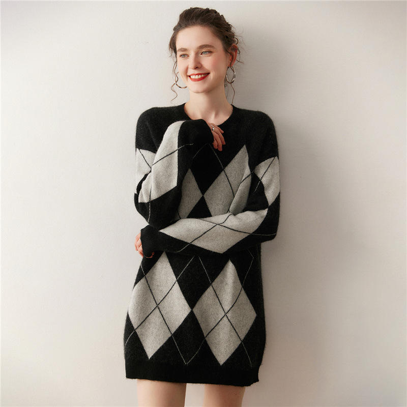 Wholesale Women's Acrylic / Wool Sweater Top Custom Crew Neck Oversized Jacquard Knit Ribbed Acrylic / Wool Ladies Long Pullover