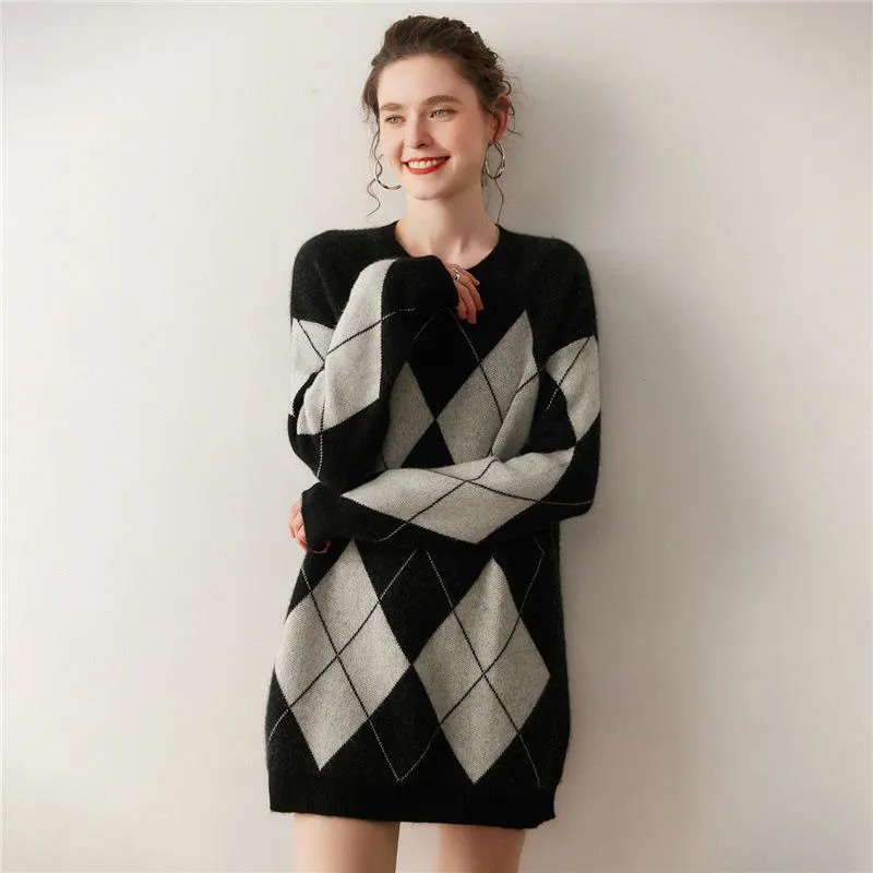 Wholesale Women's Acrylic / Wool Sweater Top Custom Crew Neck Oversized Jacquard Knit Ribbed Acrylic / Wool Ladies Long Pullover