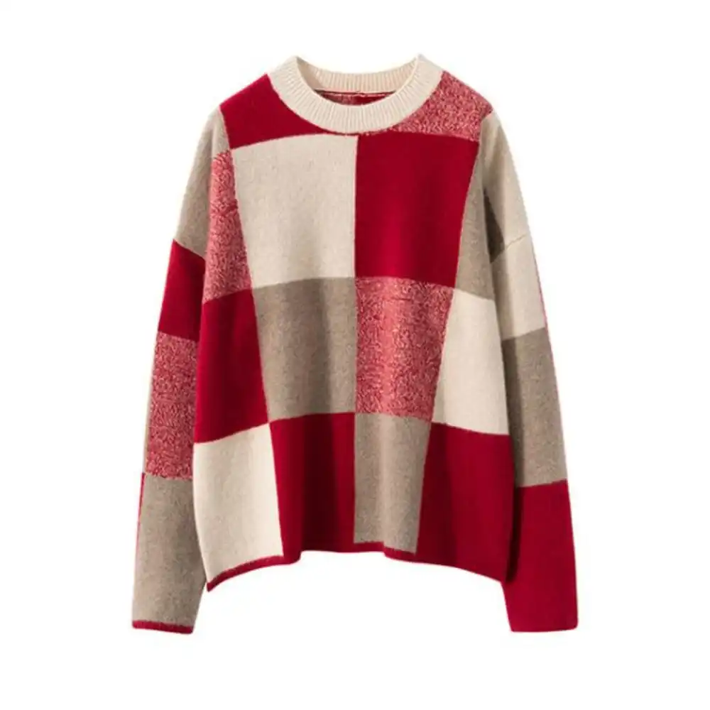 Wholesale Women's Color-block Knit Acrylic/wool Sweater Winter Casual Crew Neck Checkered Drop Shoulder Loose Acrylic/wool Pullover